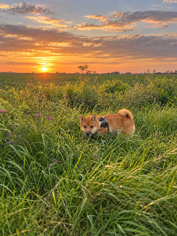 Een hond tussen het hoge gras tijdens een warme zonsondergang